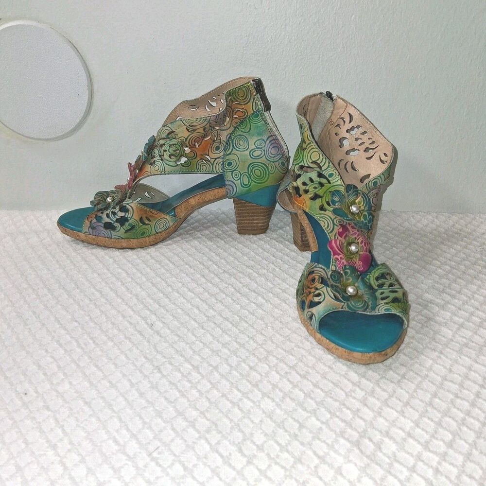 Super Lady Star Sandal Heels Women Sz 8.5/9 EU 39 Floral Boho Pearl Artsy Unique